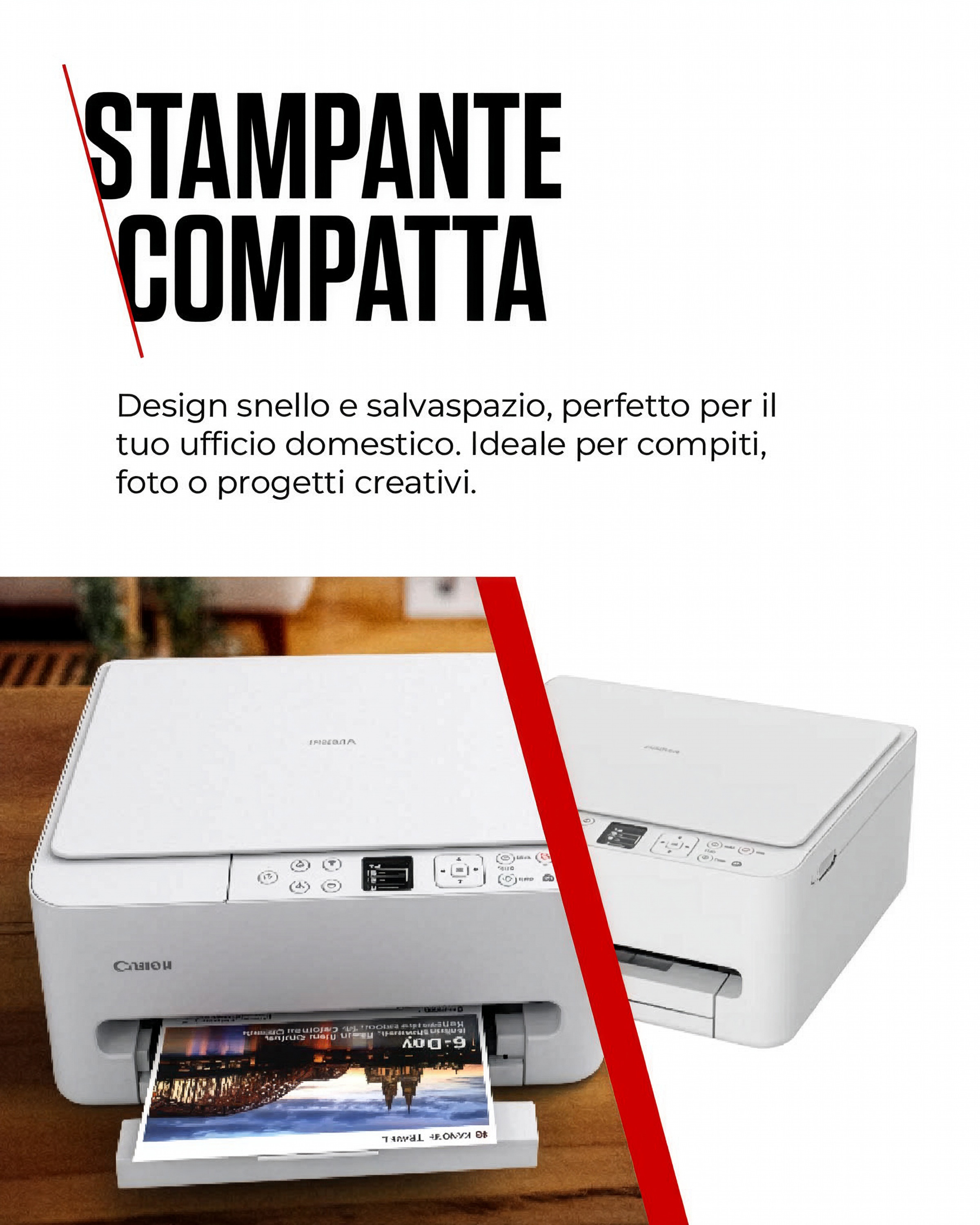 Stampante compatta con una foto che esce dal vassoio di uscita.