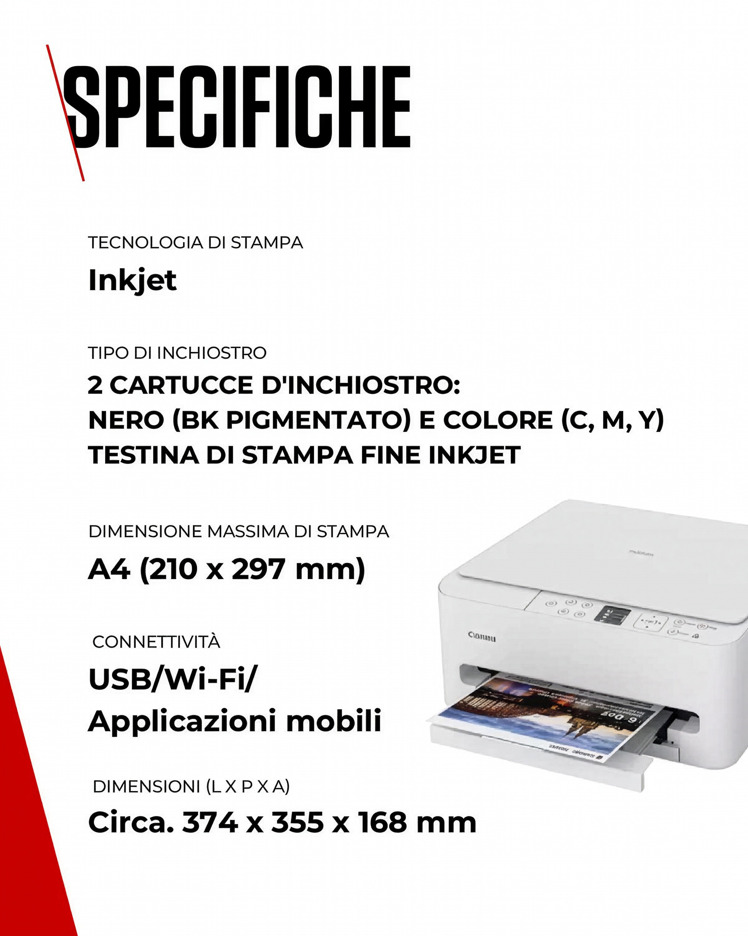 Stampante bianca con testo su specifiche e formati di stampa.