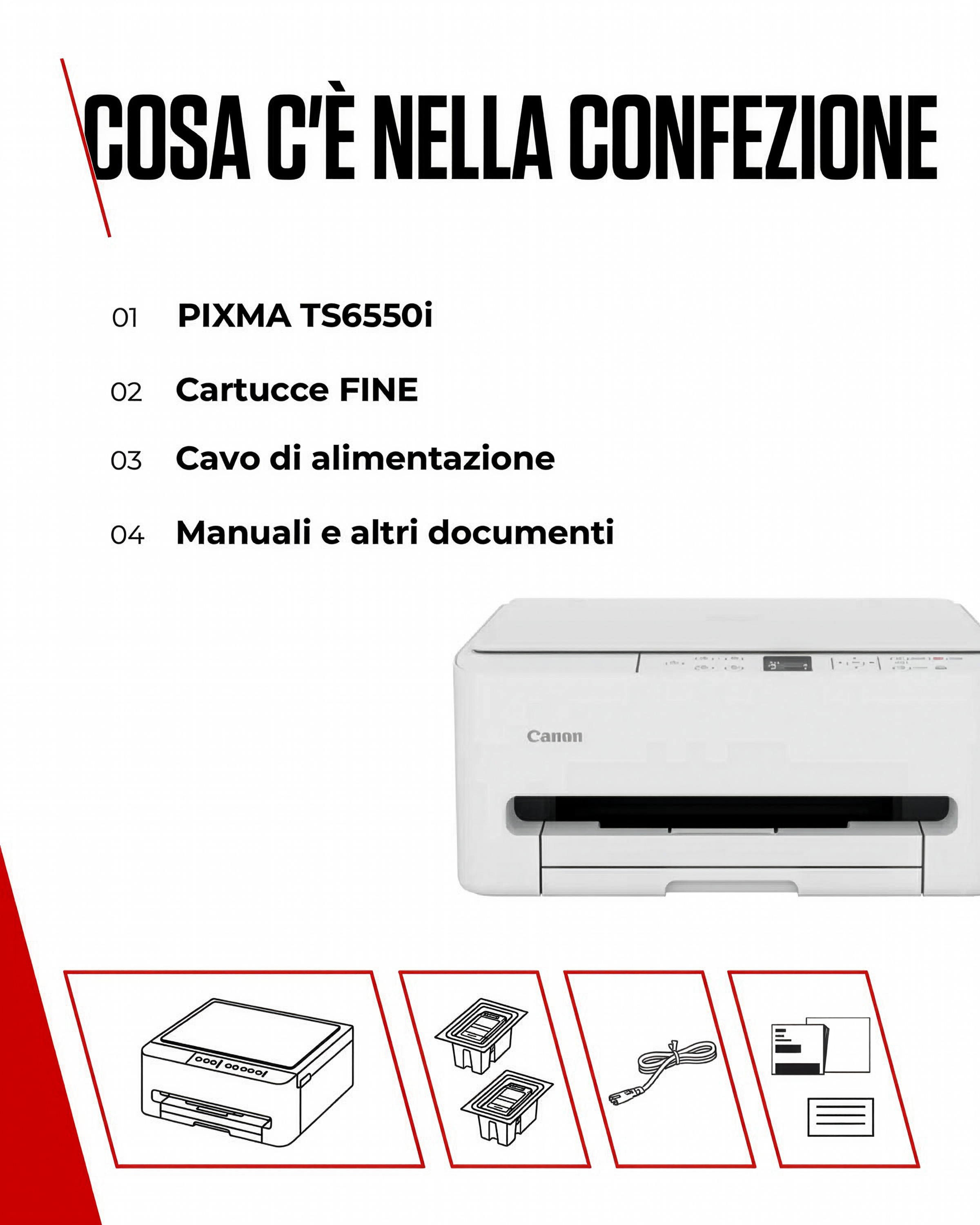 Contenuto della confezione: Stampante, cartucce, cavo, manuali.