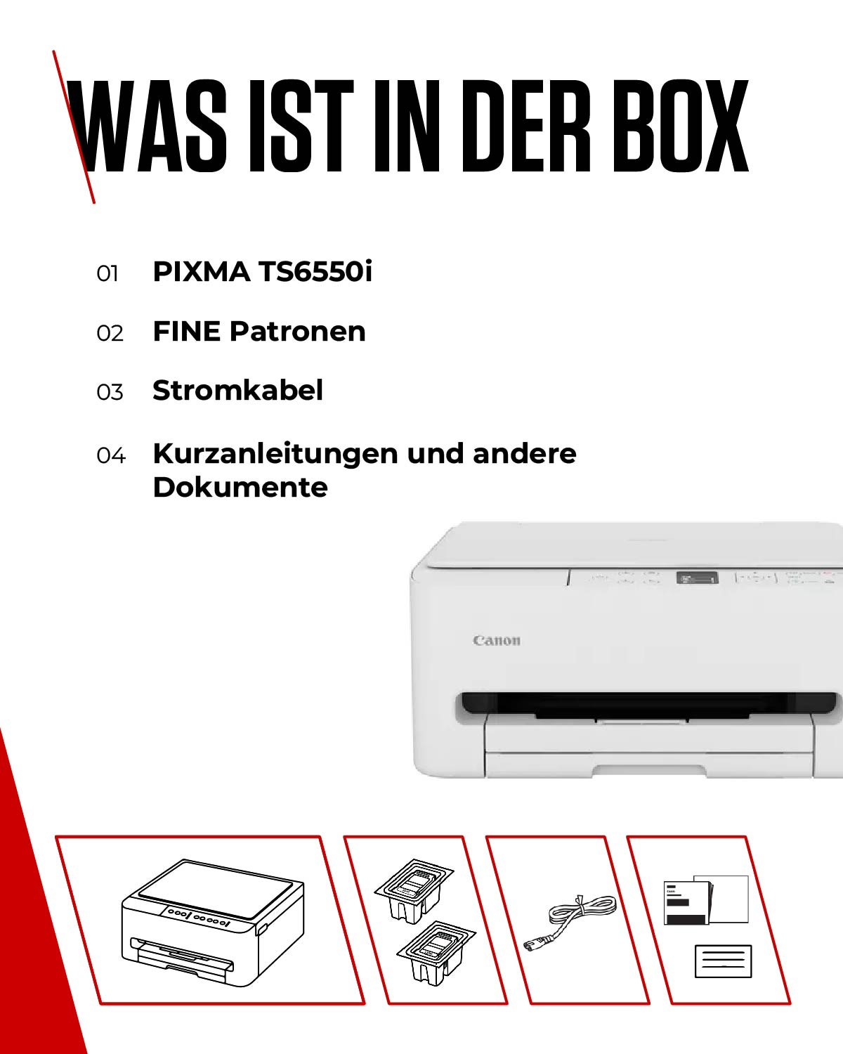 Inhalt der Box: Drucker, Patronen, Kabel, Anleitungen.
