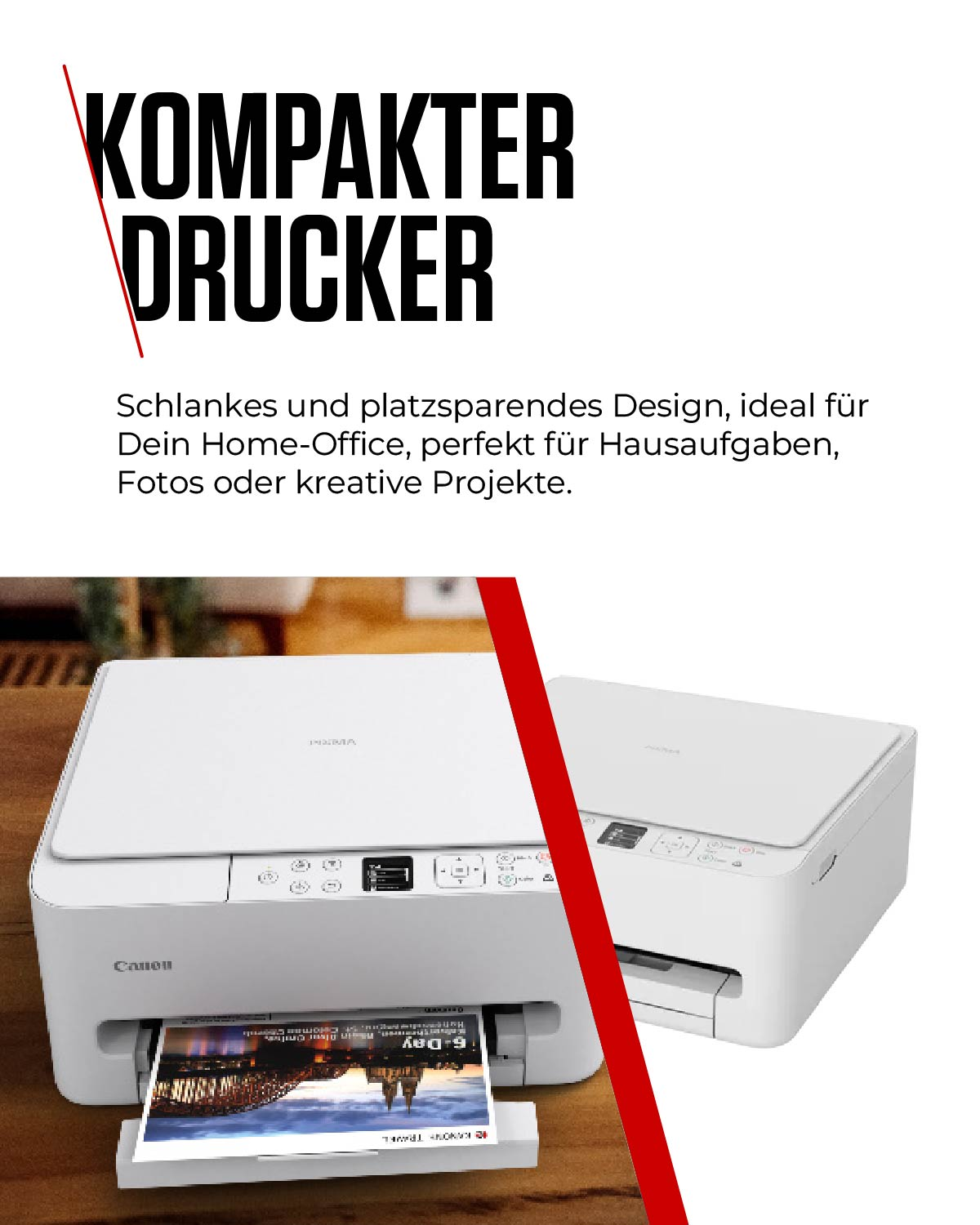 Ein weißer Canon Drucker druckt ein Bild einer Brücke und Gebäude.