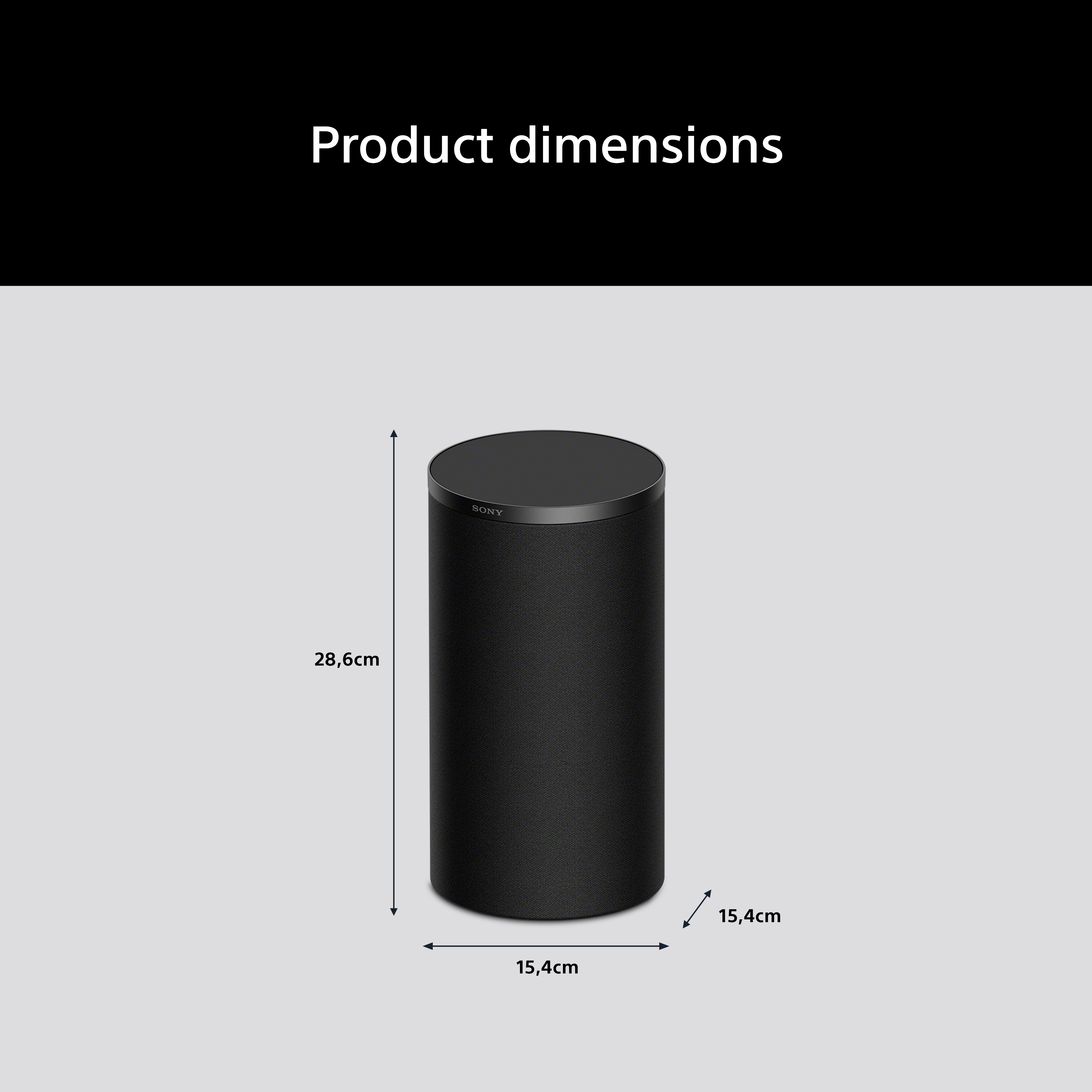 Un haut-parleur Sony noir est présenté, haut de 28,6 cm et large de 15,4 cm.