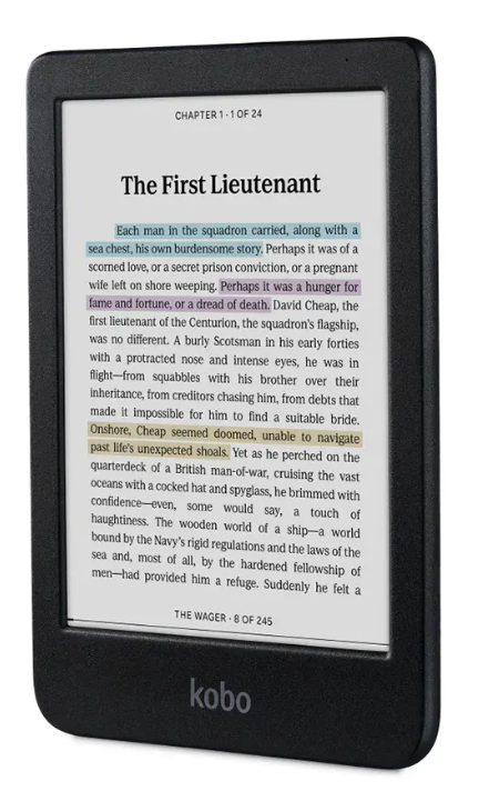 Czarny czytnik e-booków wyświetla pierwszą stronę książki pt. 'The First Lieutenant'.