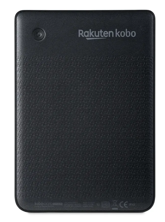 Tył czarnego czytnika e-booków z przyciskiem zasilania i logo Rakuten Kobo.