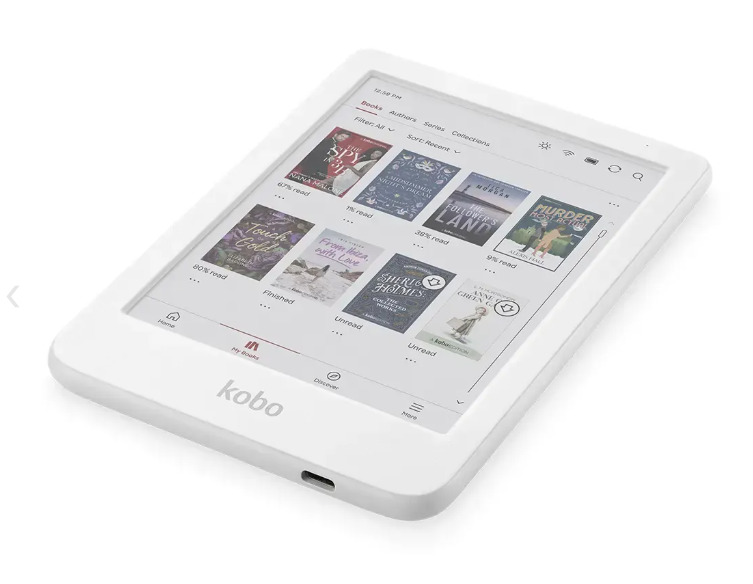 Biały czytnik e-booków wyświetlający okładki książek.