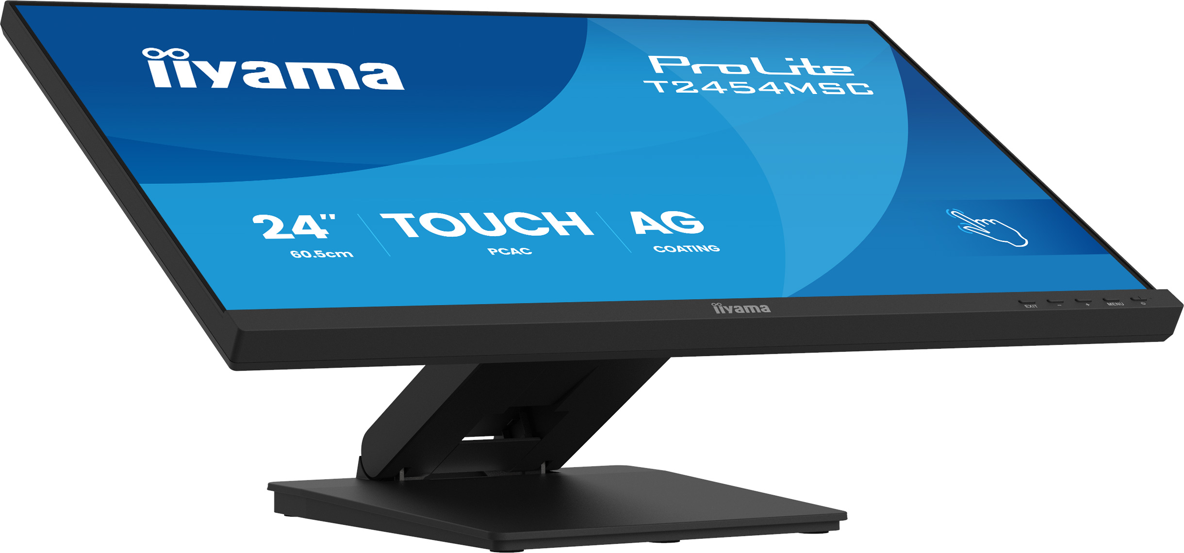 Ein schwarzer Iiyama ProLite Touchscreen-Monitor mit 24 Zoll und einem verstellbaren Ständer.