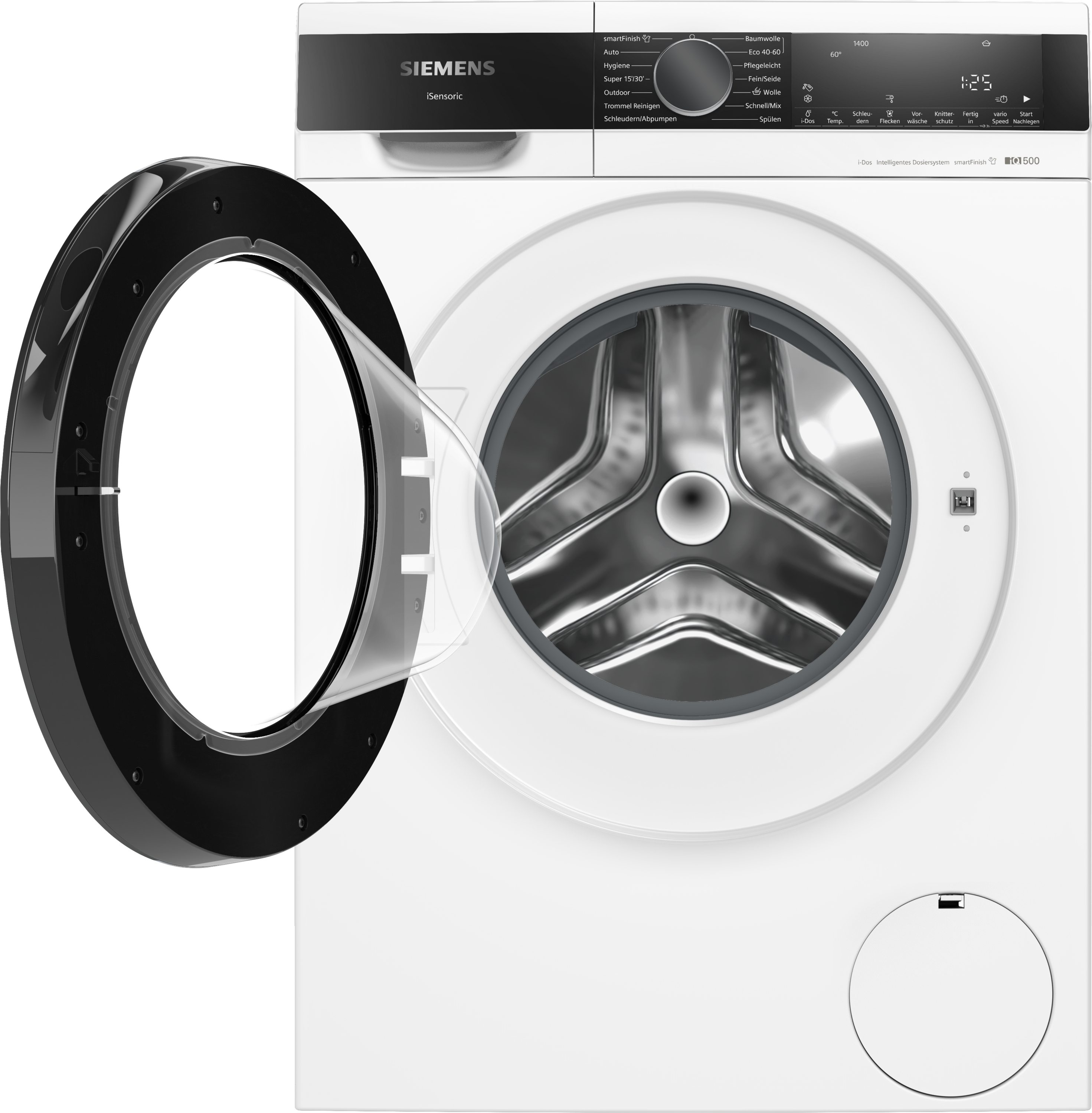Eine weiße Siemens Waschmaschine mit geöffneter schwarzer Tür und silberner Trommel.