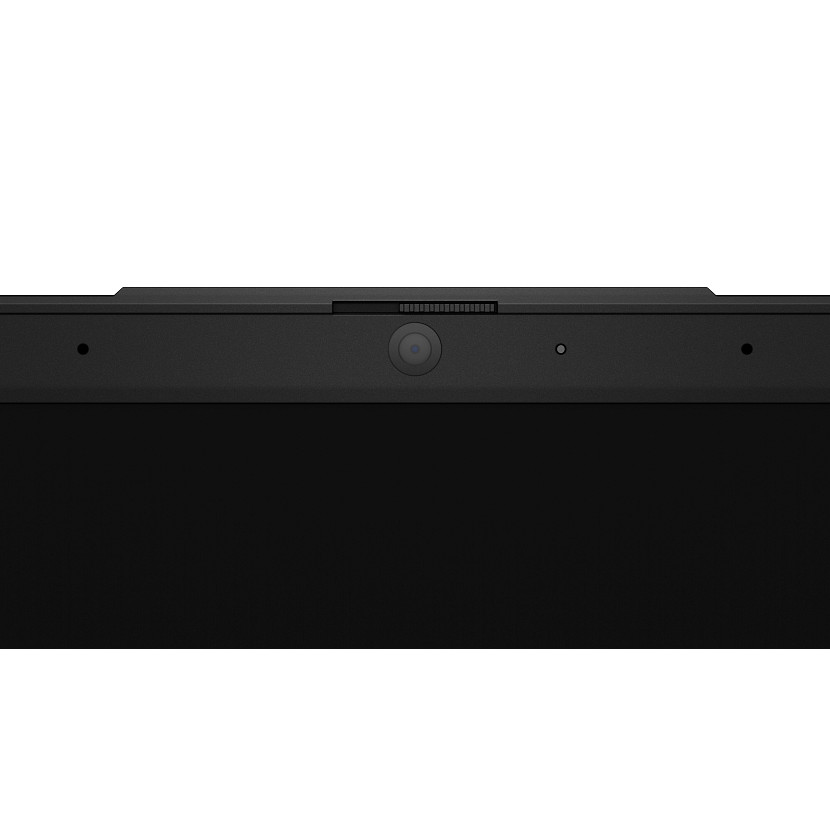 Nahaufnahme der Laptop-Oberseite mit Kamera und Mikrofon.