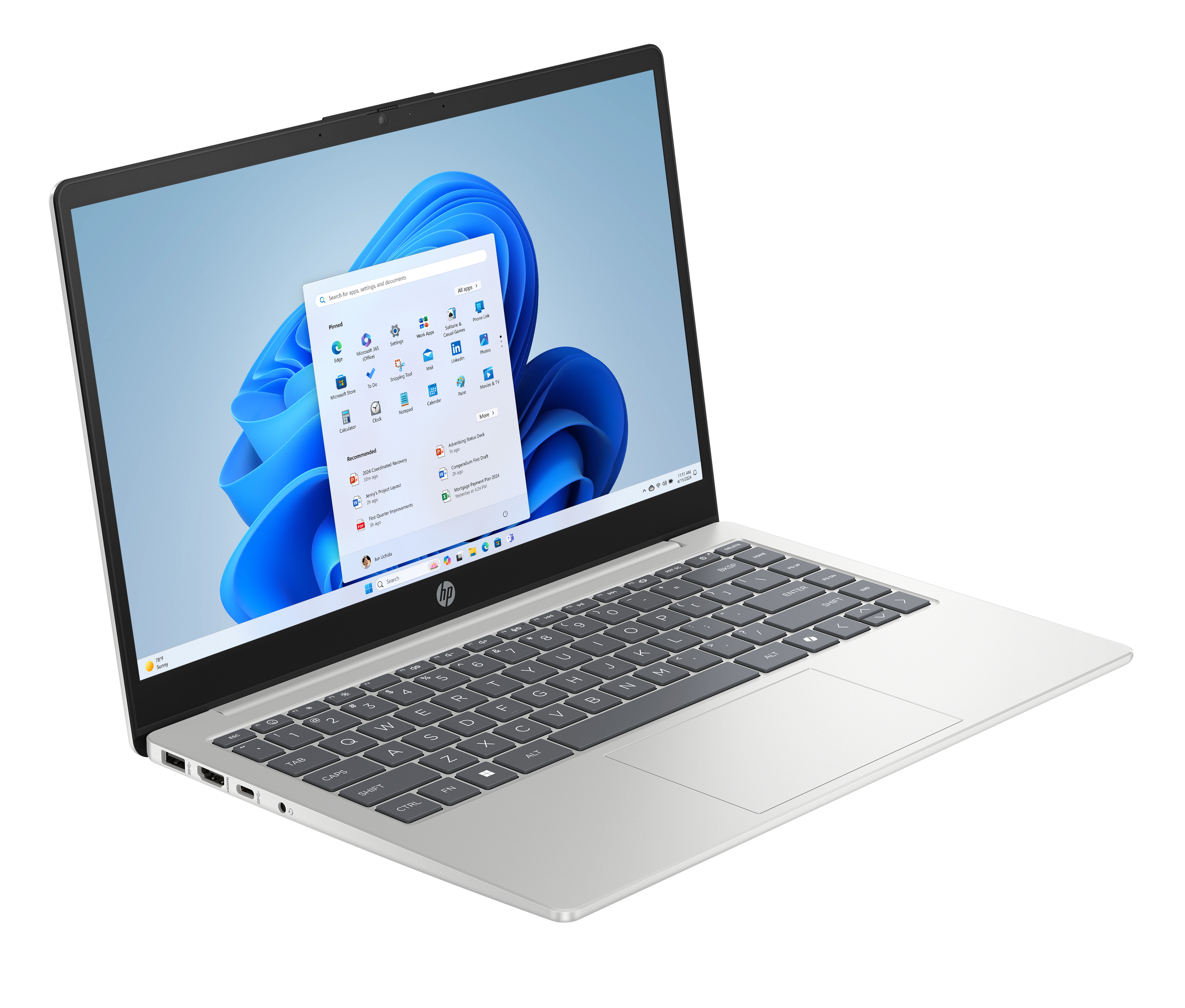 Ein hellgraues HP Laptop mit einem geöffneten Startmenü unter Windows 11.