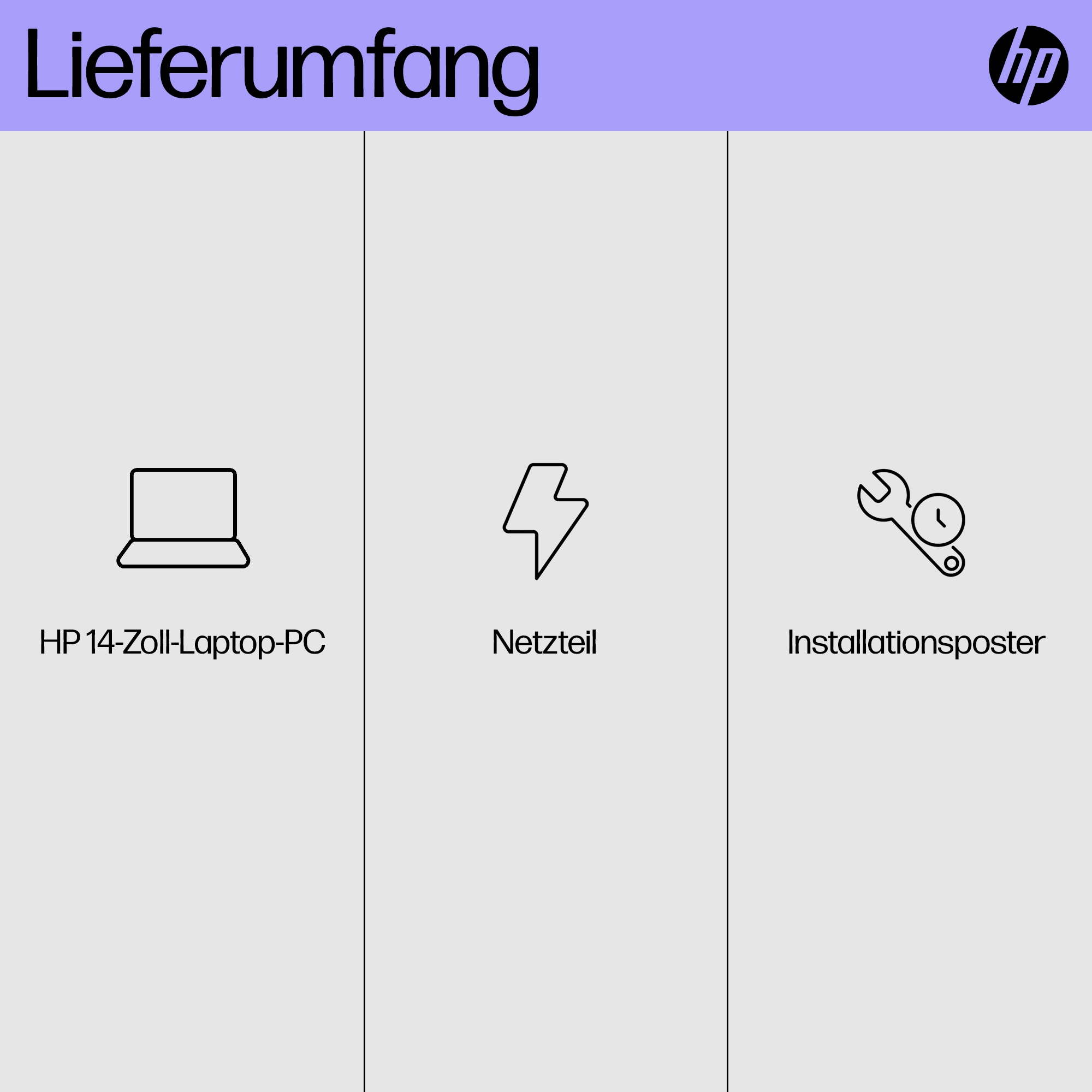 Lieferumfang: HP Laptop, Netzteil, Installationsposter. HP Logo.