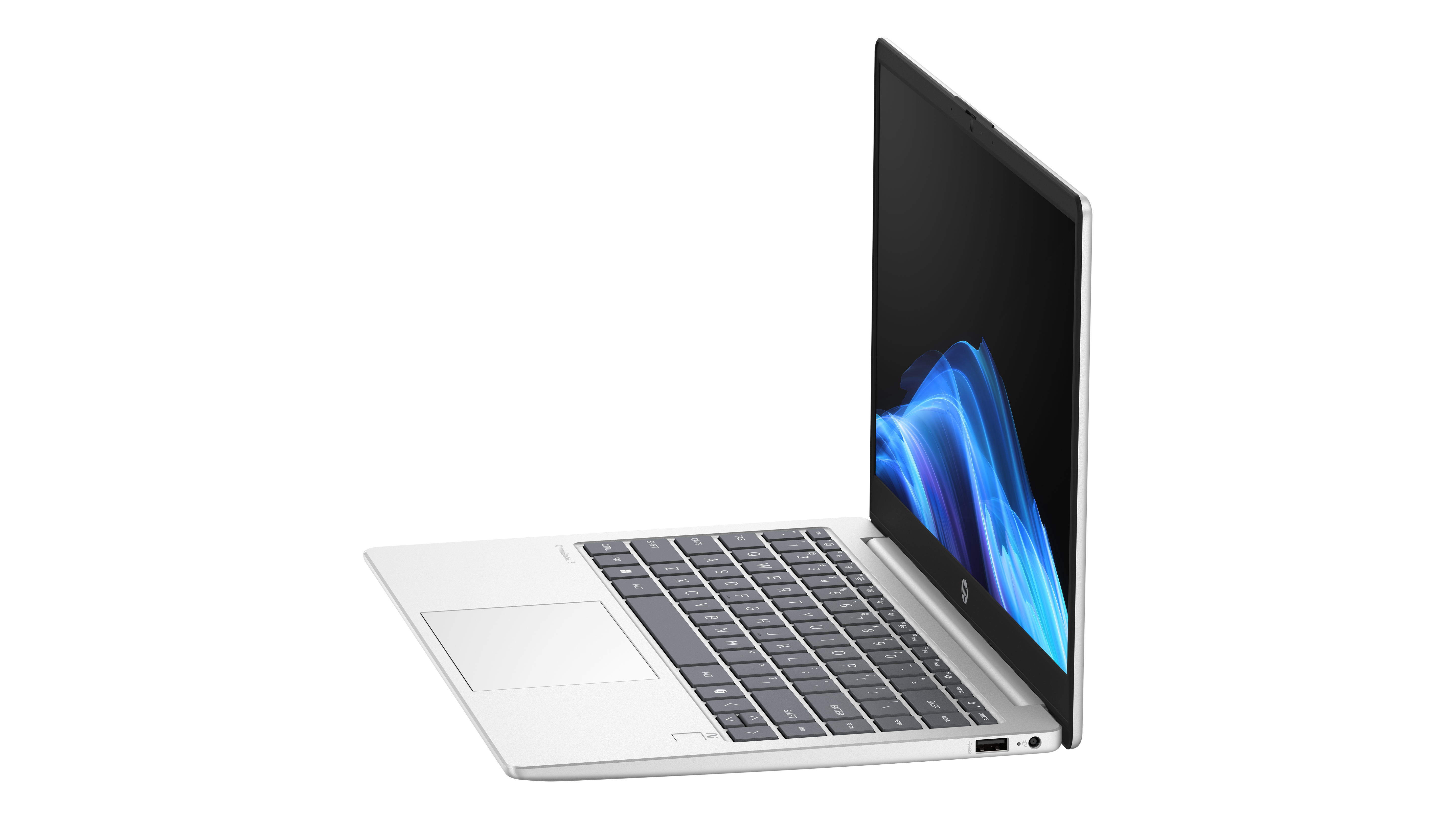 Ein weißes Laptop auf schwarzem Hintergrund, Seitenansicht, Tastatur und Bildschirm sichtbar.