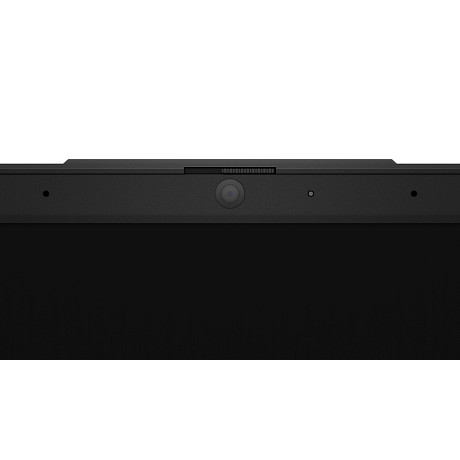 Nahaufnahme der Oberseite eines schwarzen Laptops mit Kamera und Mikrofon.