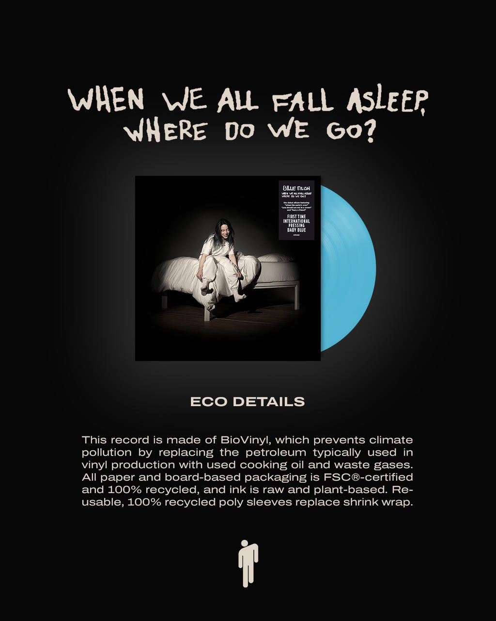 Billie Eilish sitzt auf einem Bett neben einer babyblauen Schallplatte mit dem Titel 'When We All Fall Asleep, Where Do We Go?'
