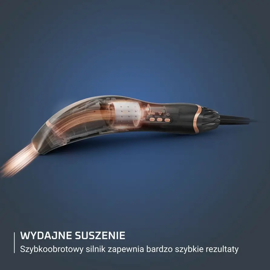 Suszarka do włosów z przezroczystą obudową emitująca strumień powietrza.