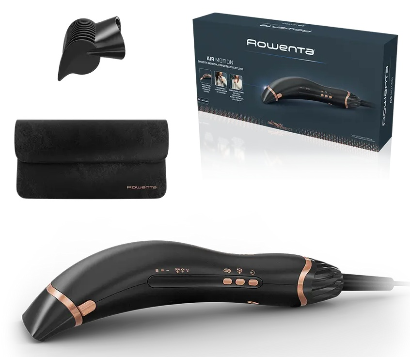 Prostownica Rowenta Air Motion z akcesoriami i opakowaniem.