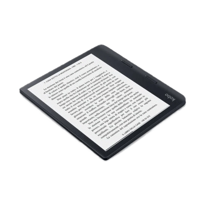 Czarny czytnik e-book leży na czarnej powierzchni, wyświetlając tekst.