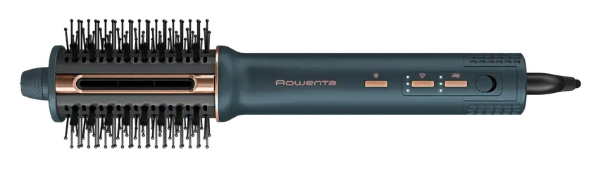 Niebiesko-zielona suszarka do włosów Rowenta z obrotowymi szczotkami i przyciskami.