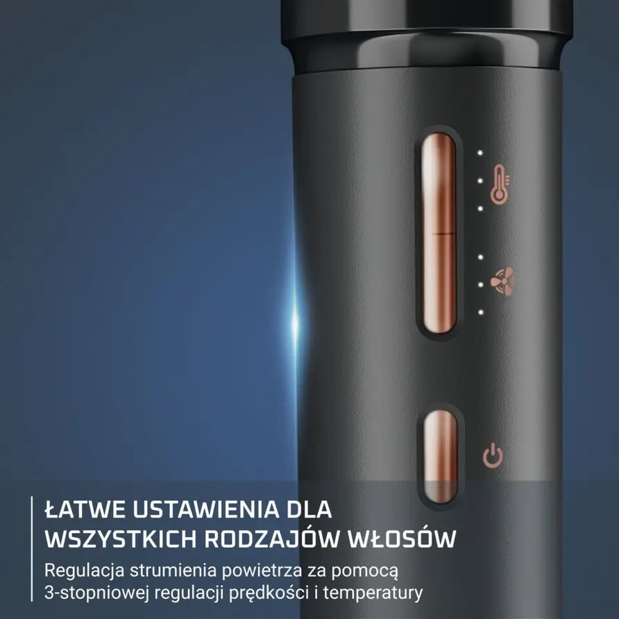 Ciemnoszare body suszarki do włosów z kontrolkami i wskaźnikami temp/prędkości.