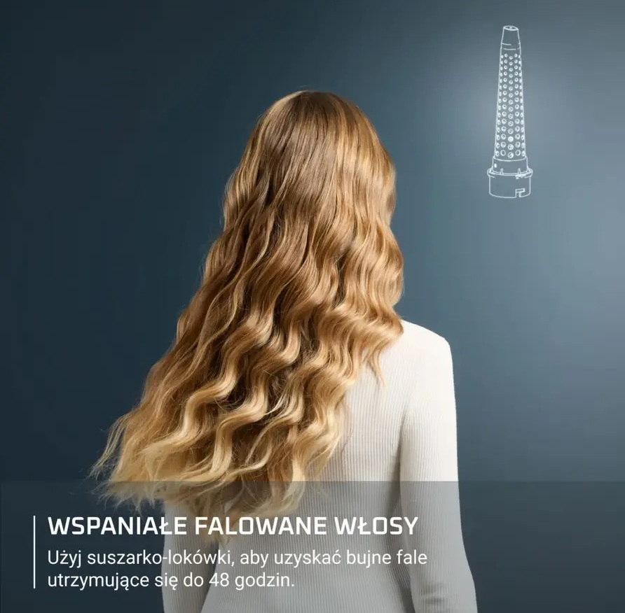 Kobieta z długimi, falowanymi, blond włosami. Szkic nasadki do włosów w prawym górnym rogu.