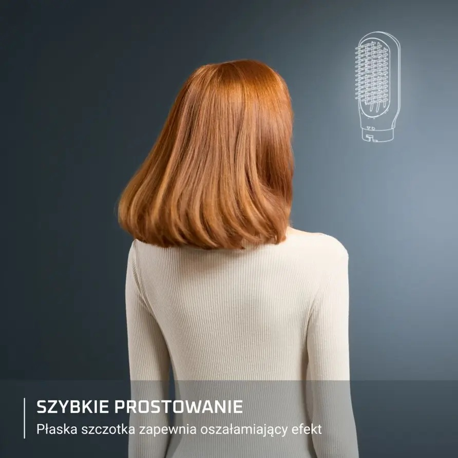 Widok z tyłu kobiety z rudymi włosami w białym swetrze. Ikona prostownicy.