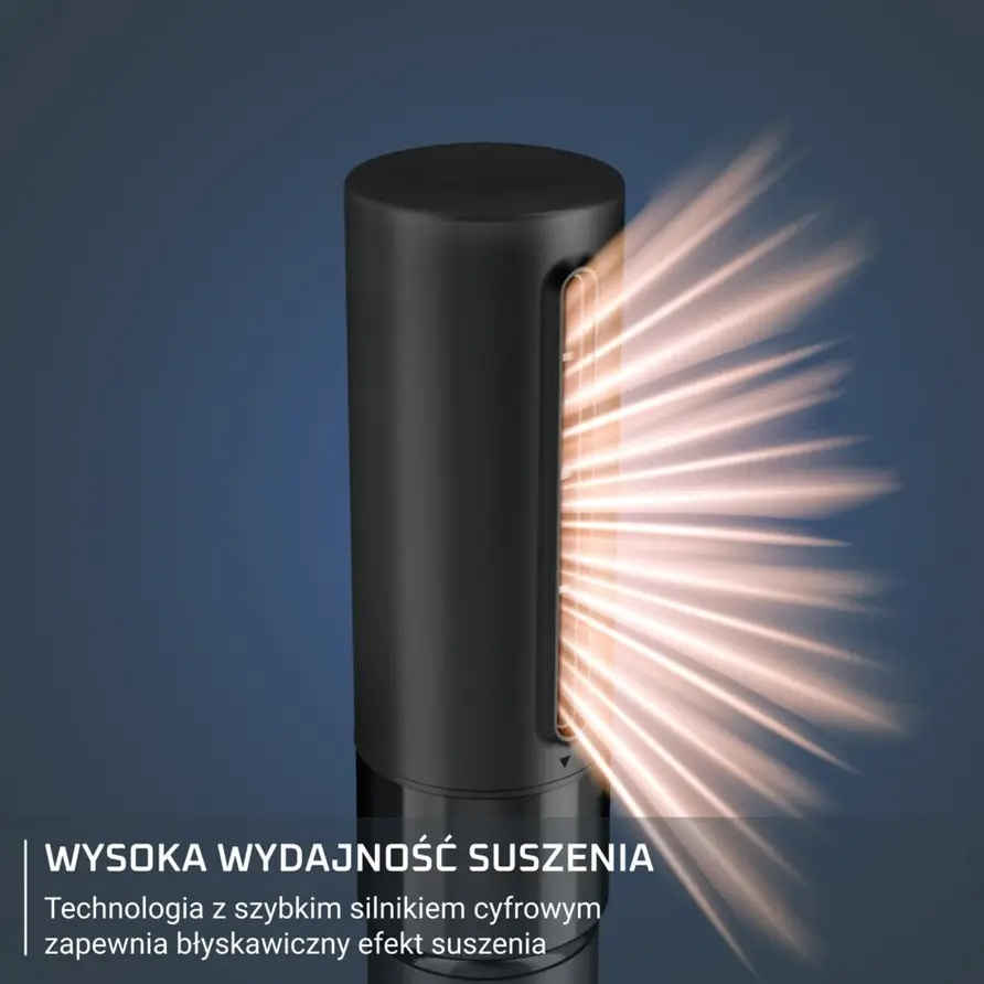 Czarna suszarka wieżowa z pomarańczowymi promieniami światła wydobywającymi się z boku.