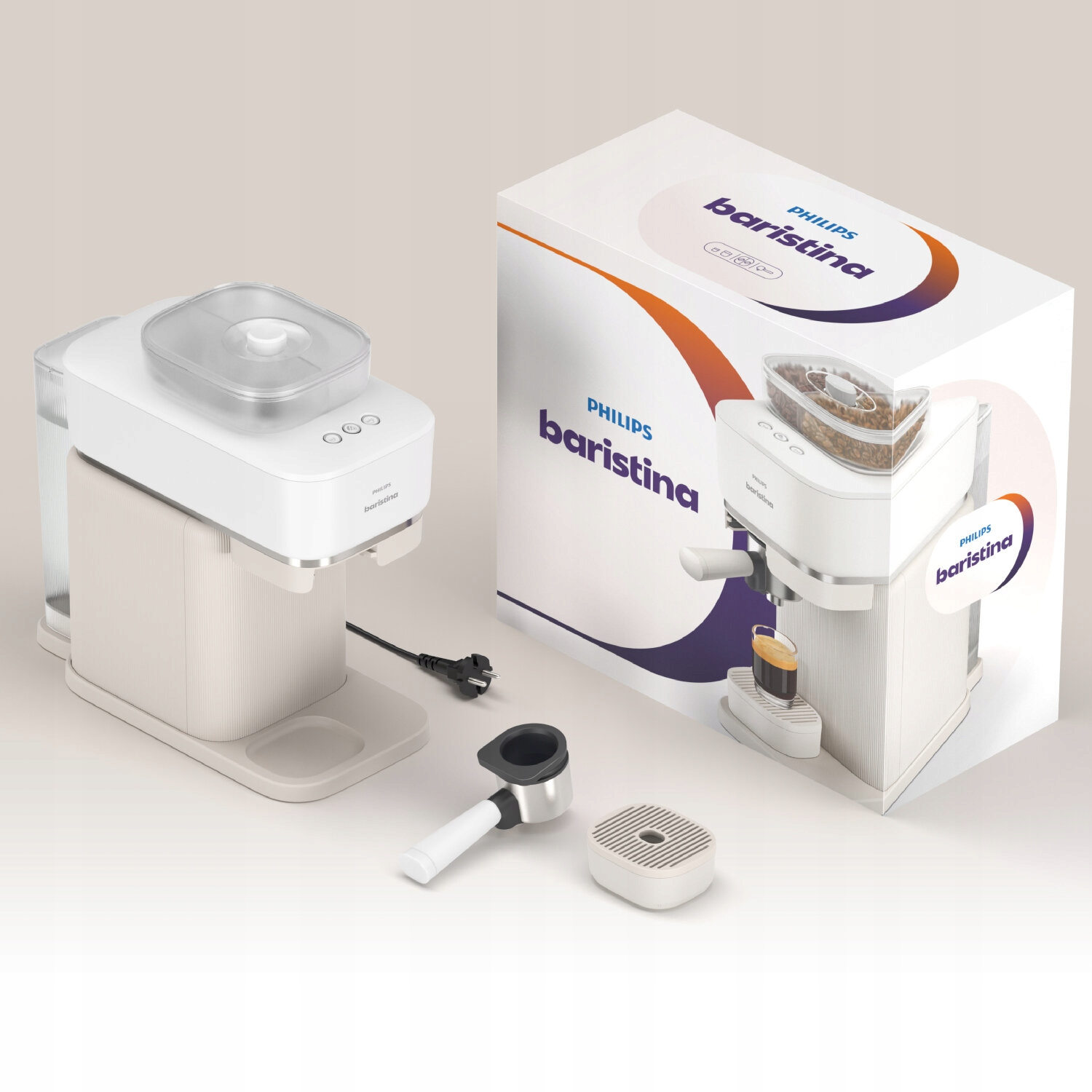 Biały ekspres do kawy Philips Baristina ze zbiornikiem na ziarna i akcesoriami.