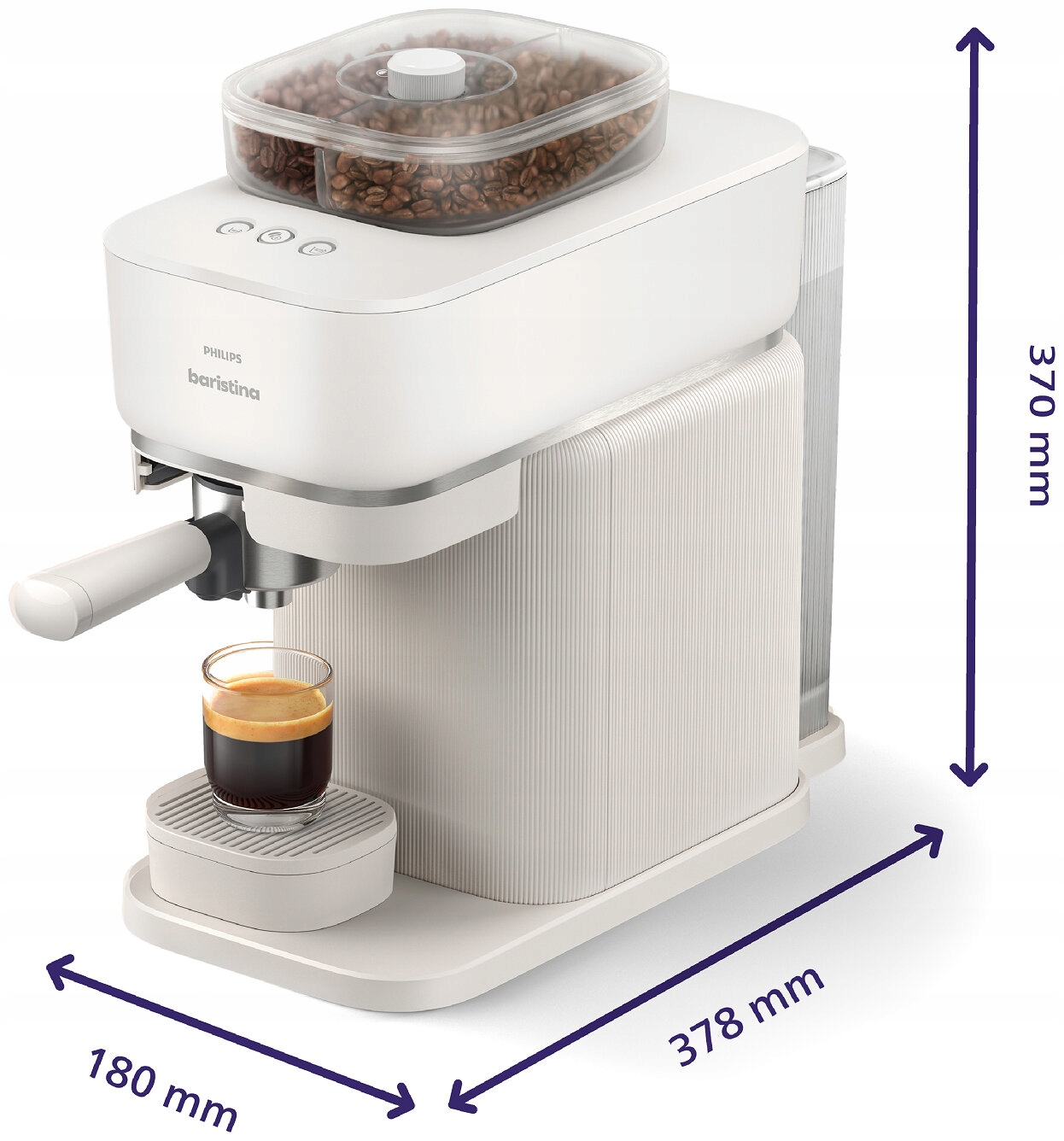 Biała ekspres do kawy ze zbiornikiem na ziarna, szklanką i wymiarami.