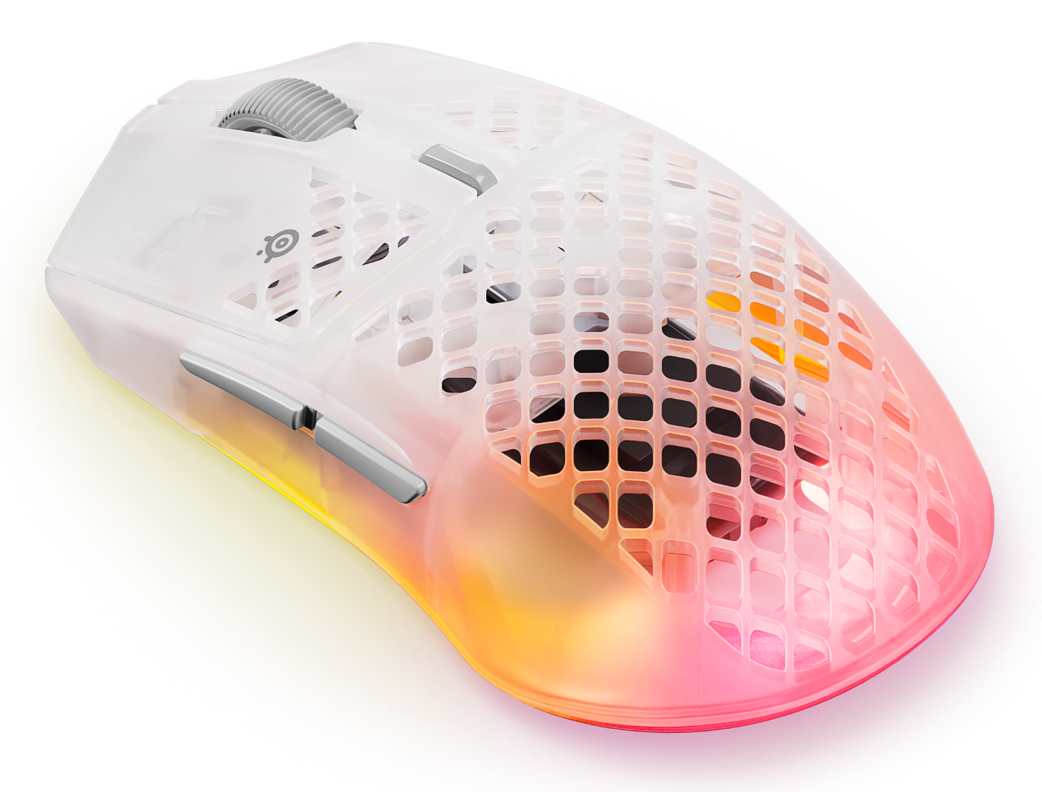 Biała, perforowana mysz gamingowa z żółto-różowym podświetleniem RGB.