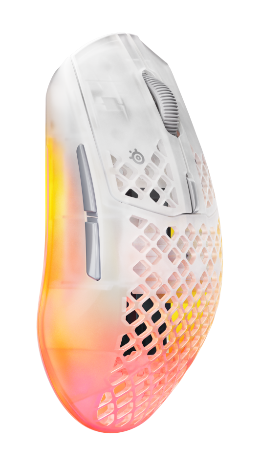 Biała mysz gamingowa z wzorem plastra miodu i gradientowym kolorem.