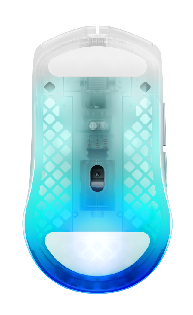 Spód białej myszy gamingowej z przezroczystą obudową i niebieskimi akcentami.