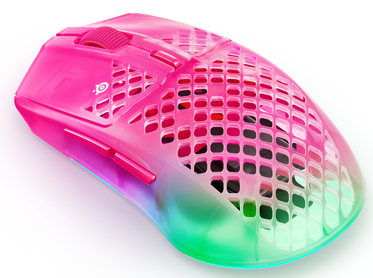 Różowa mysz gamingowa z wzorem plastra miodu i oświetleniem RGB na czarnym tle.