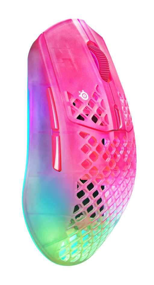 Różowa mysz gamingowa z perforowanym wzorem i podświetleniem RGB.