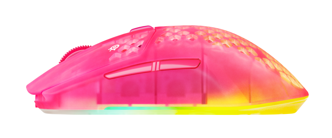 Przezroczysta różowa mysz gamingowa z wzorem plastra miodu i podświetleniem RGB.