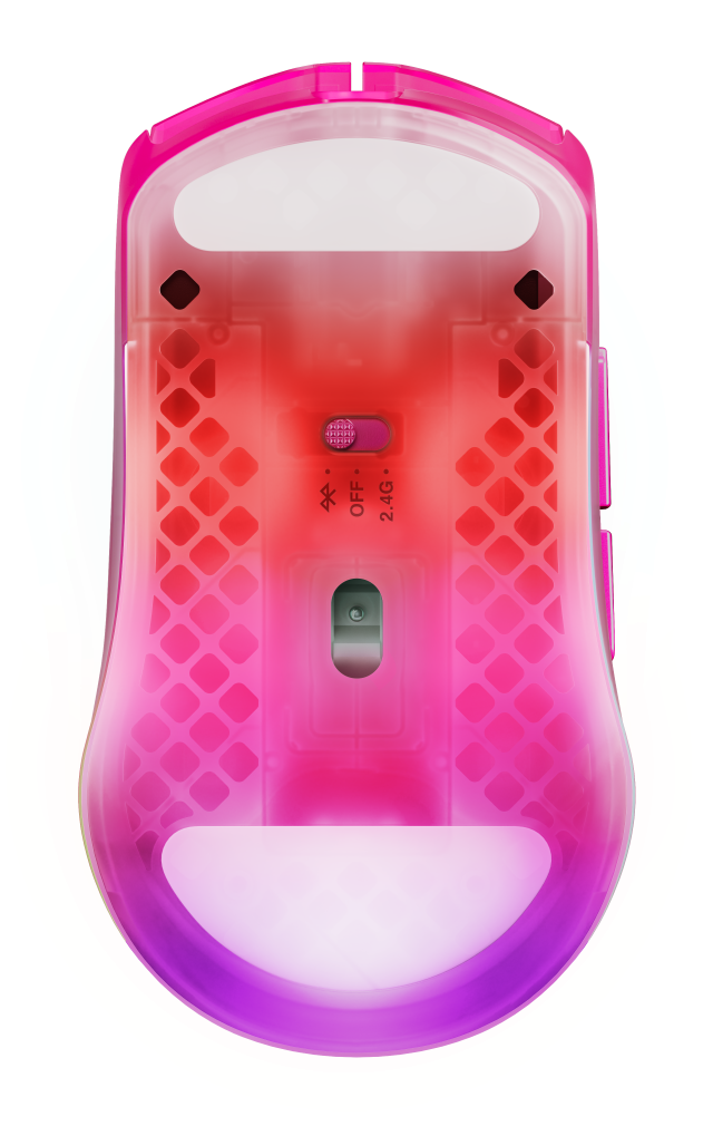 Przezroczysta różowa mysz gamingowa z przełącznikiem i wzorem plastra miodu.