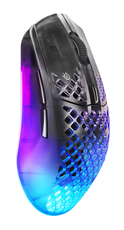 Szara mysz gamingowa z perforowanym wzorem i fioletowo-niebieskim podświetleniem RGB.