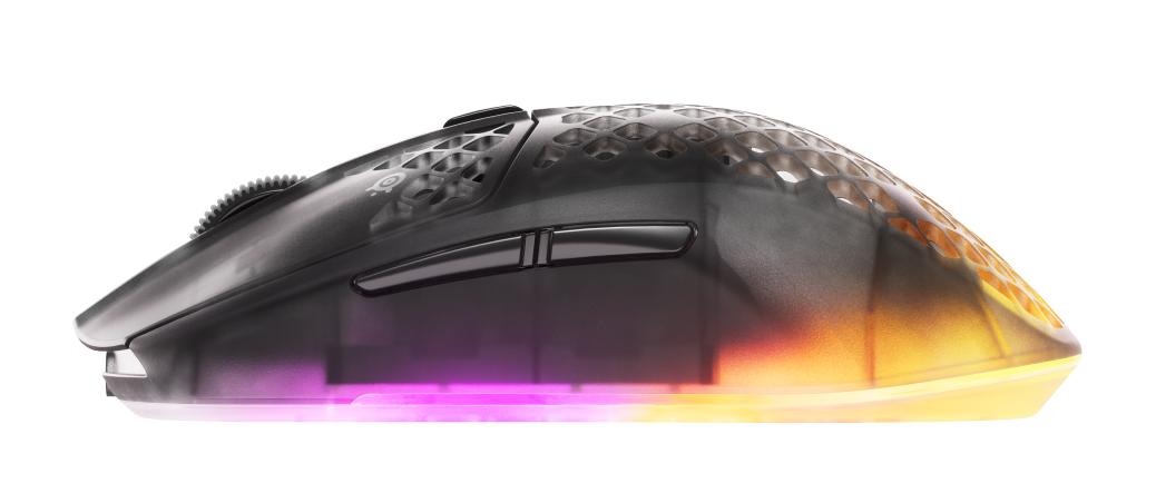 Szara mysz gamingowa z wzorem plastra miodu i oświetleniem RGB.