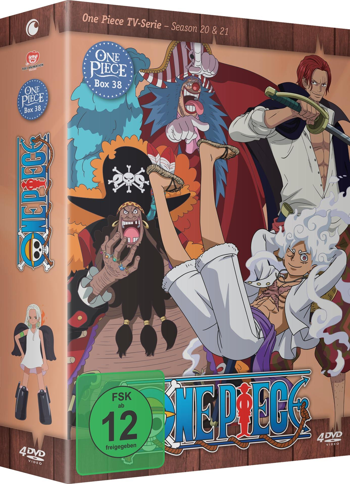 One Piece DVD-Box 38 mit Charakteren Buggy, Shanks, Blackbeard, und Luffy in Gear 5.