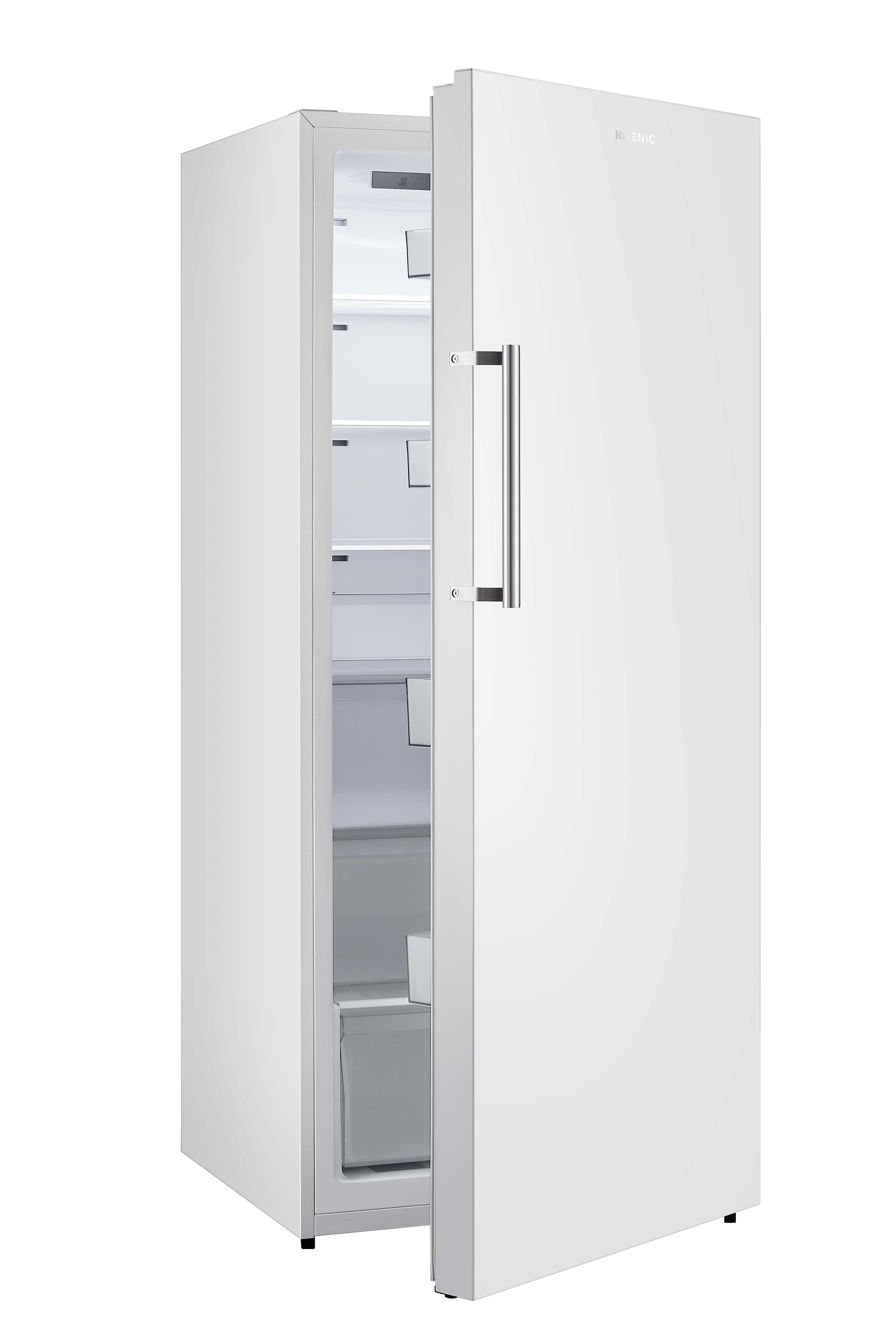 Ein weißer Kühlschrank mit einer geöffneten Tür und einem silbernen Griff.