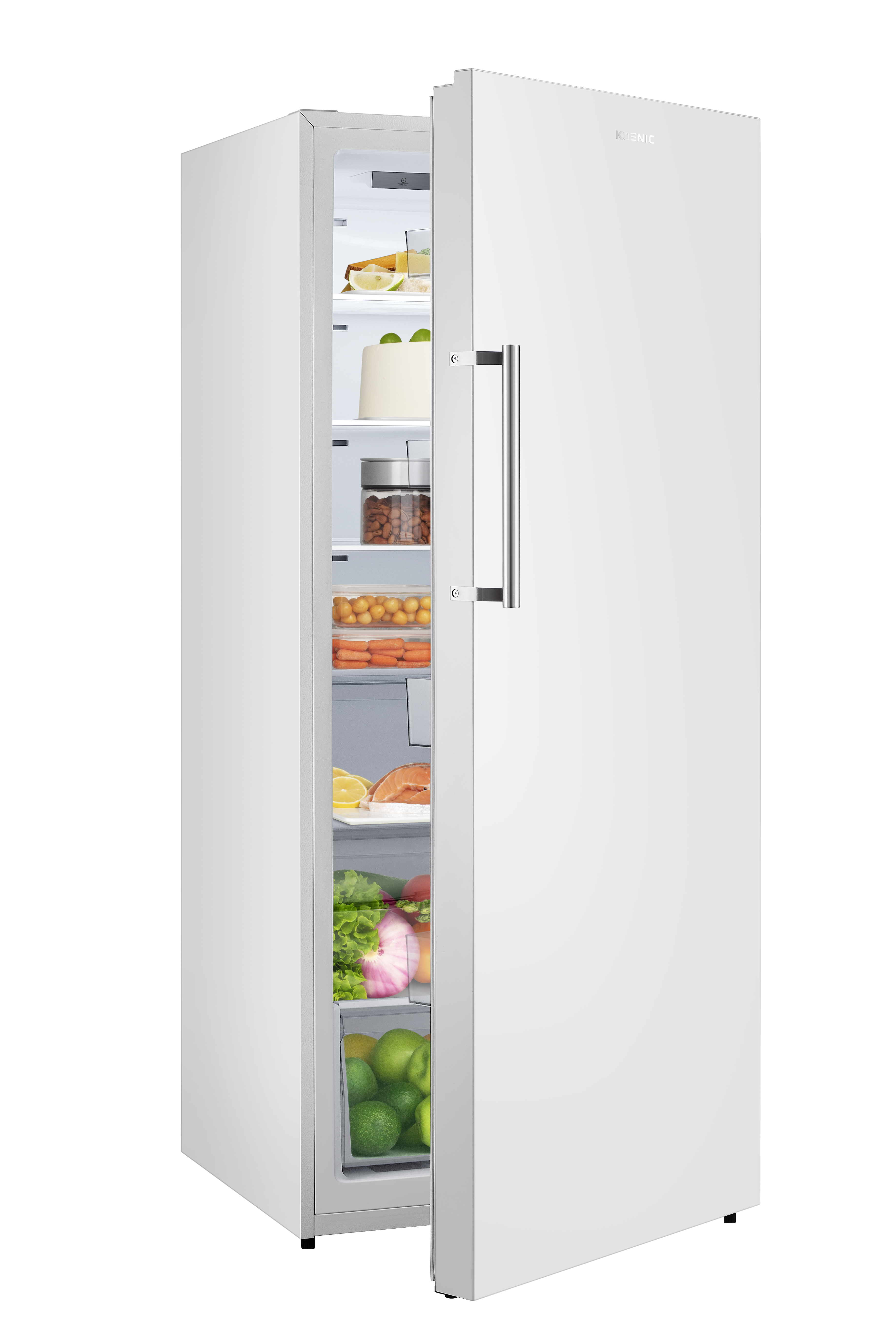 Ein weißer Kühlschrank mit geöffneter Tür, gefüllt mit Lebensmitteln.