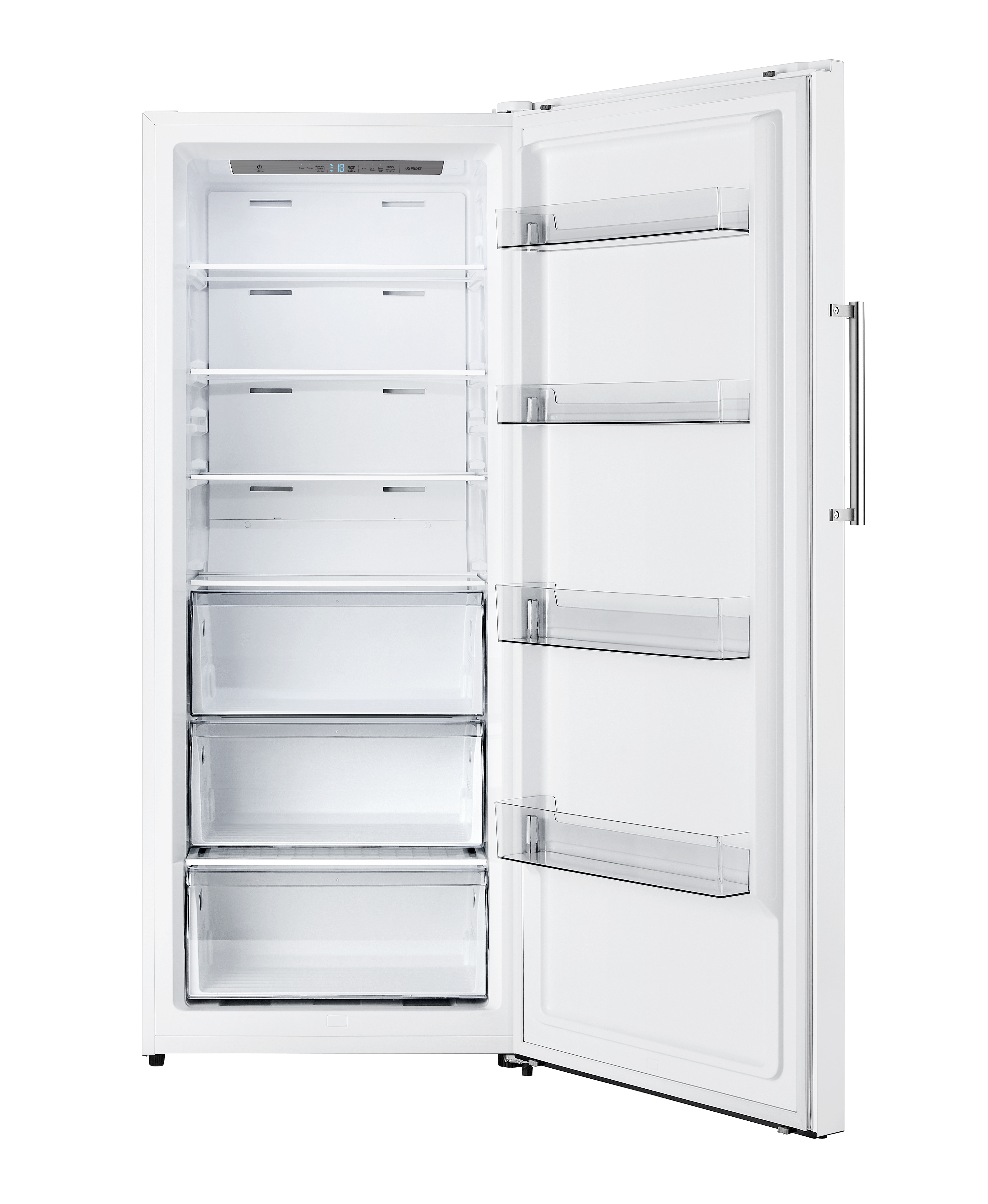 Ein offener weißer Kühlschrank mit mehreren Regalen und Schubladen.
