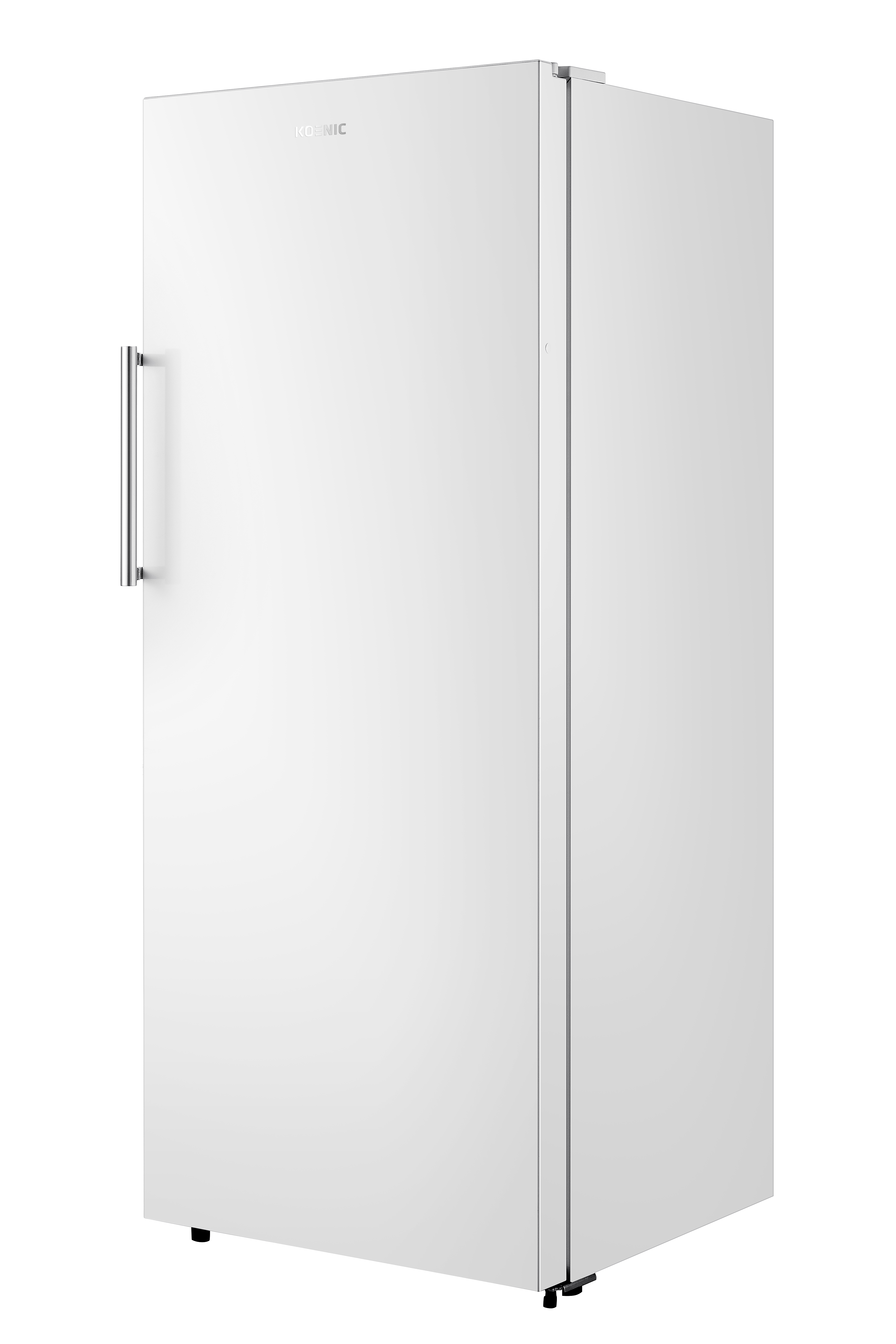 Ein weißer Kühlschrank mit silbernem Griff und "KOENIC"-Logo.