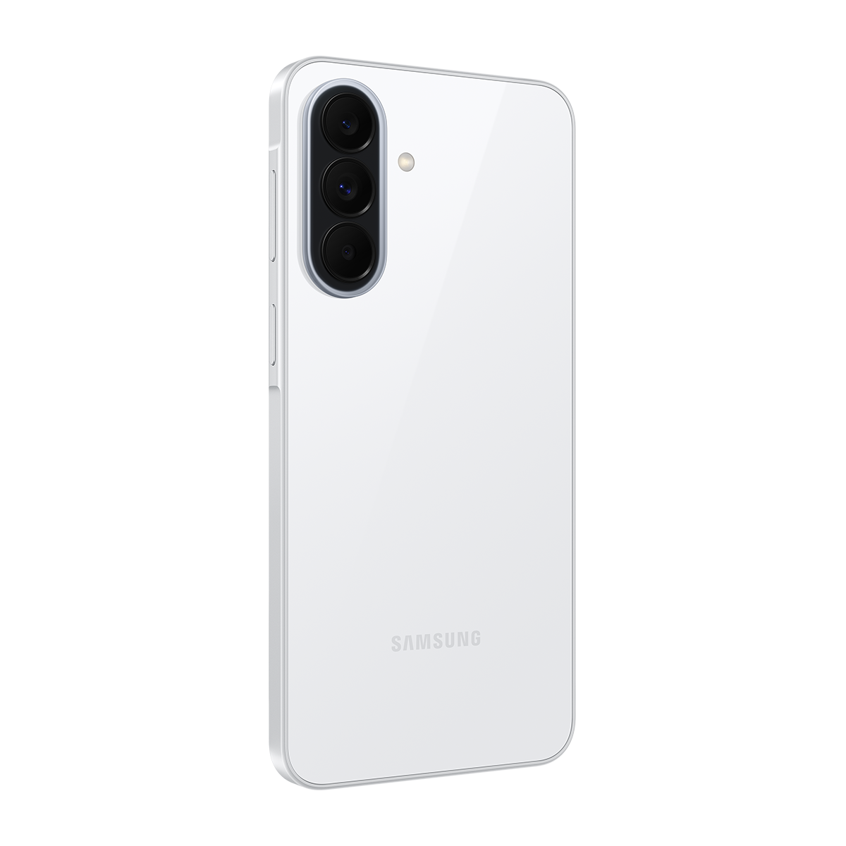 Üç kamera lensi ve flaşlı beyaz Samsung akıllı telefonun arkası.