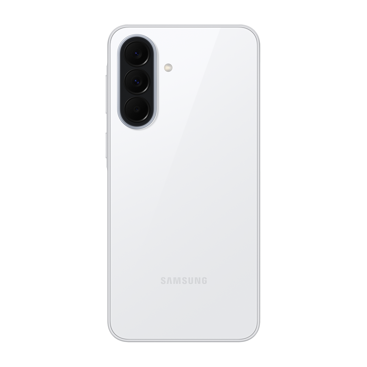 Arkadan görünüm, üç kamerası olan beyaz bir Samsung akıllı telefon.