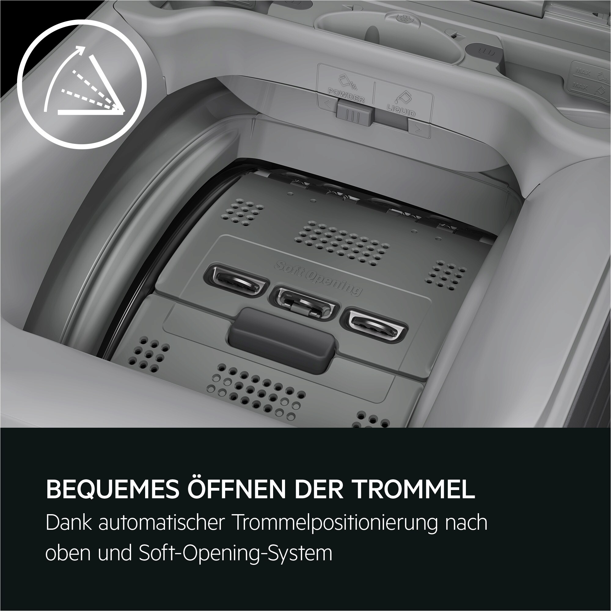 Oberseite einer Waschmaschine mit Trommel und Pulver-/Flüssigfach.