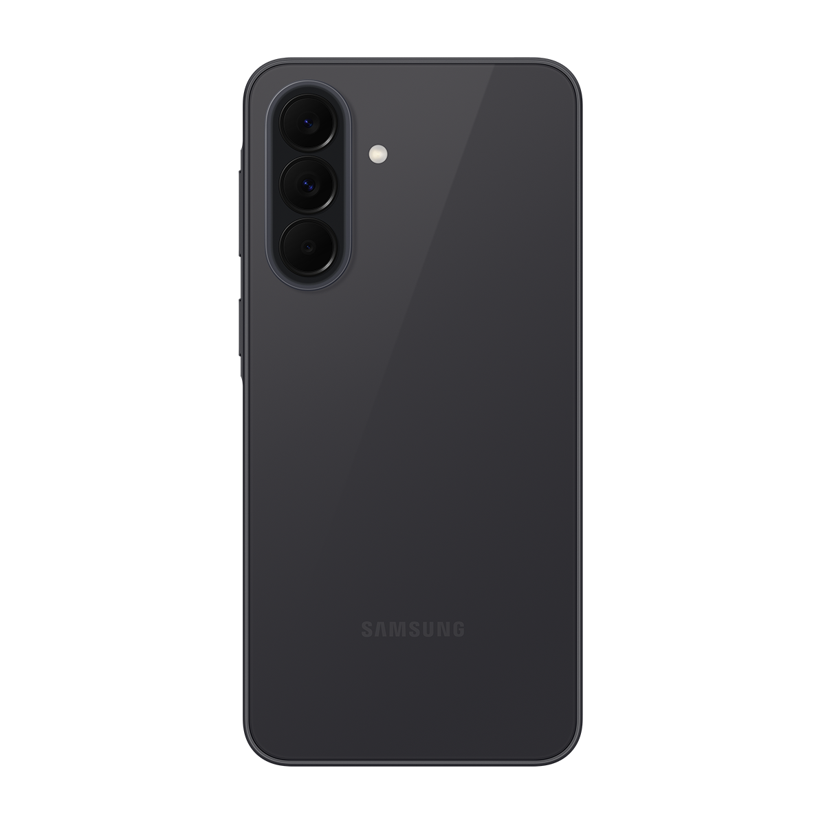 Üç kameralı koyu renkli akıllı telefonun arkası ve Samsung logosu.