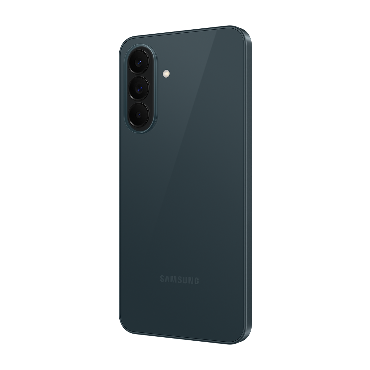 Samsung logolu, üç kameralı koyu yeşil akıllı telefon.