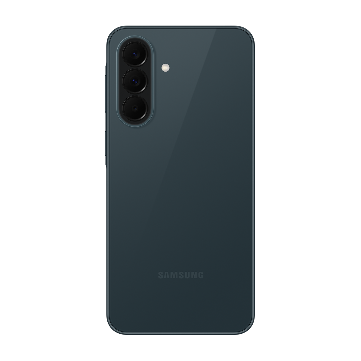 Üç kameralı ve flaşlı koyu mavi Samsung akıllı telefon.