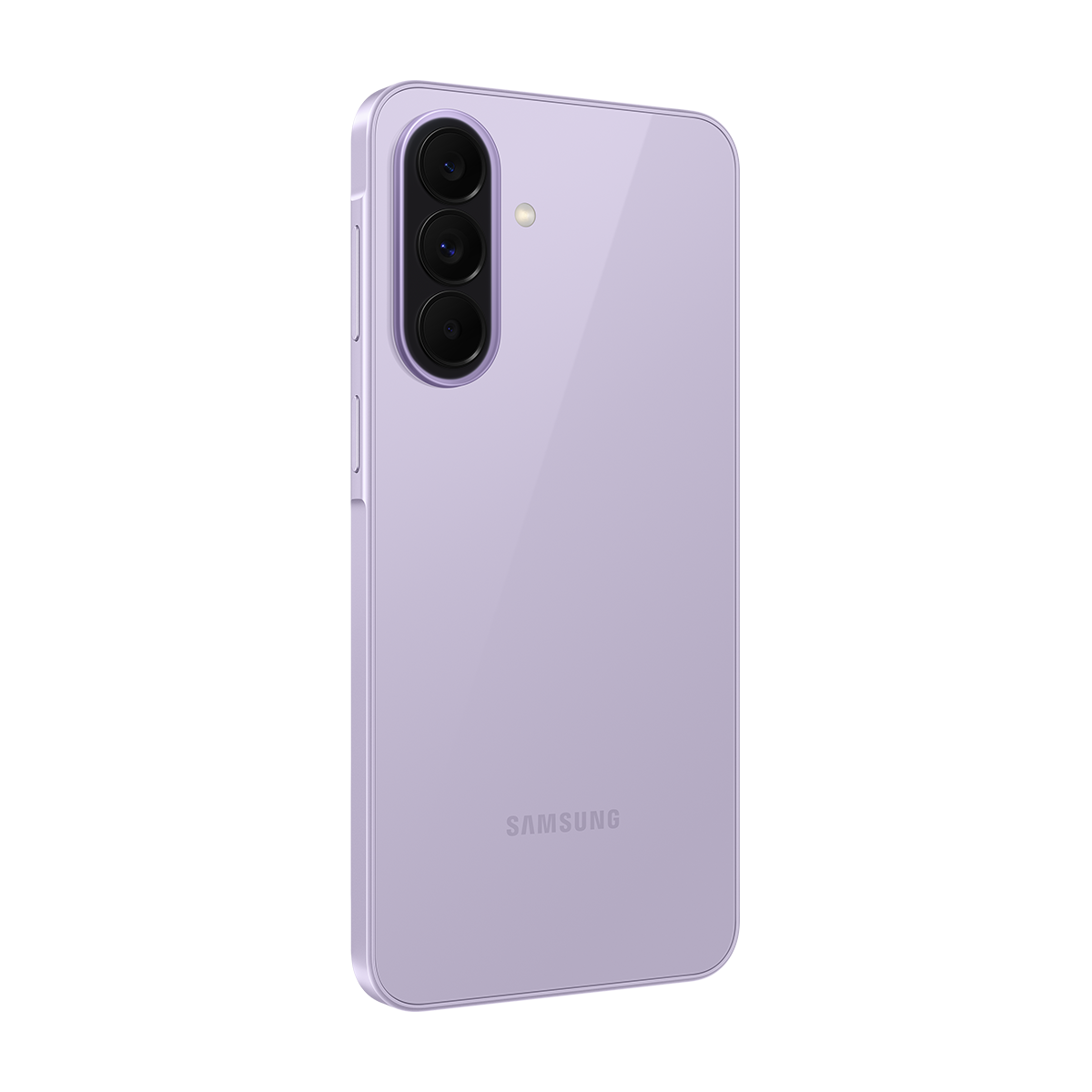 Arkada üç kamerası olan mor bir Samsung akıllı telefon.