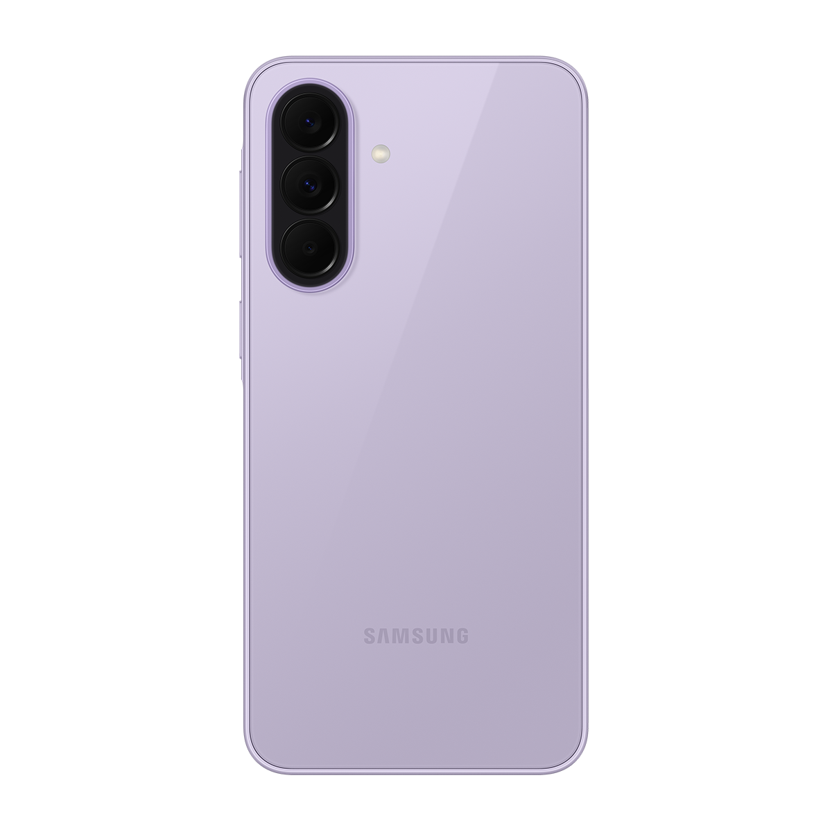 Mor Samsung akıllı telefon, arkada üç kamera ve flaşlı.