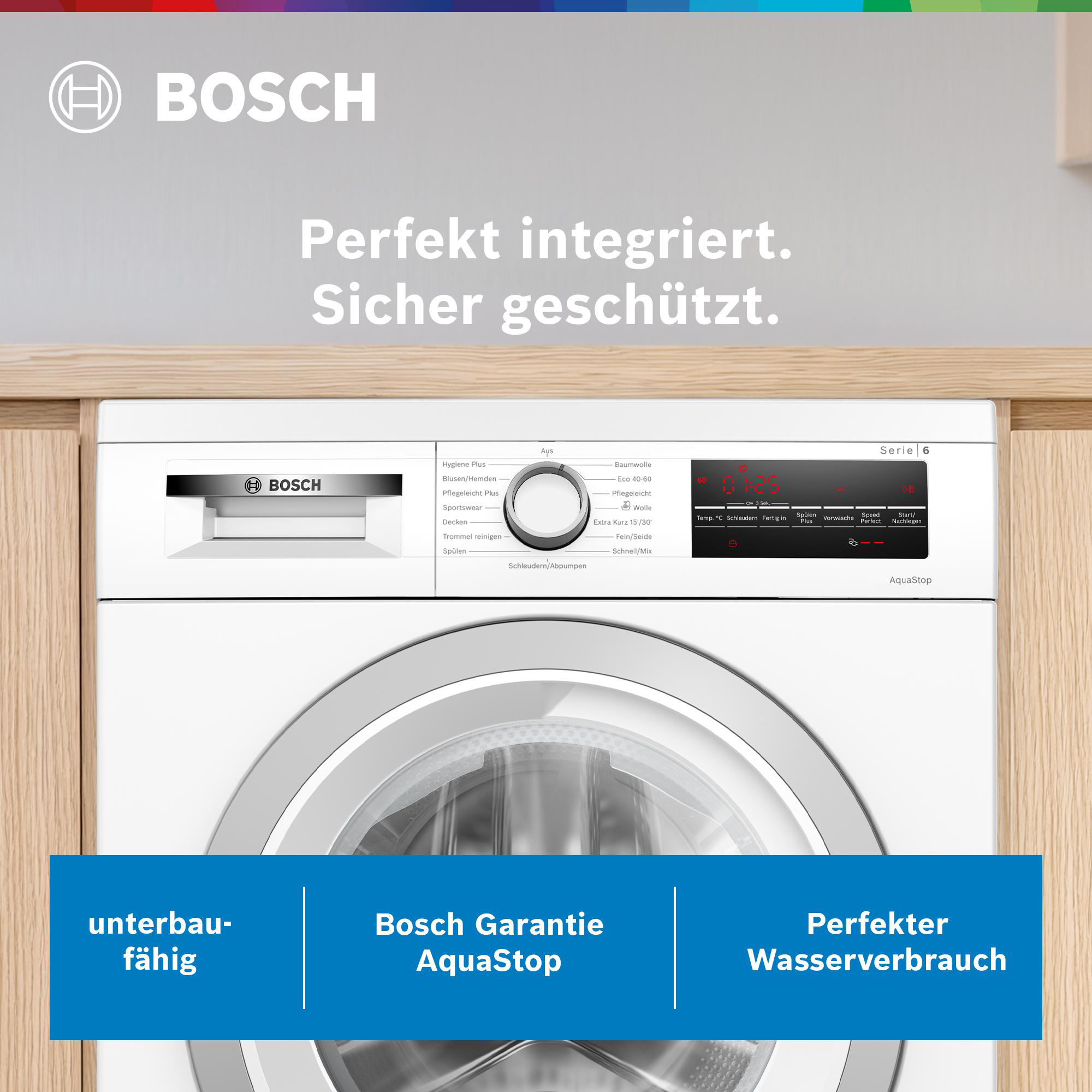 Bosch Waschmaschine Serie 6 mit Bedienfeld und Trommel.